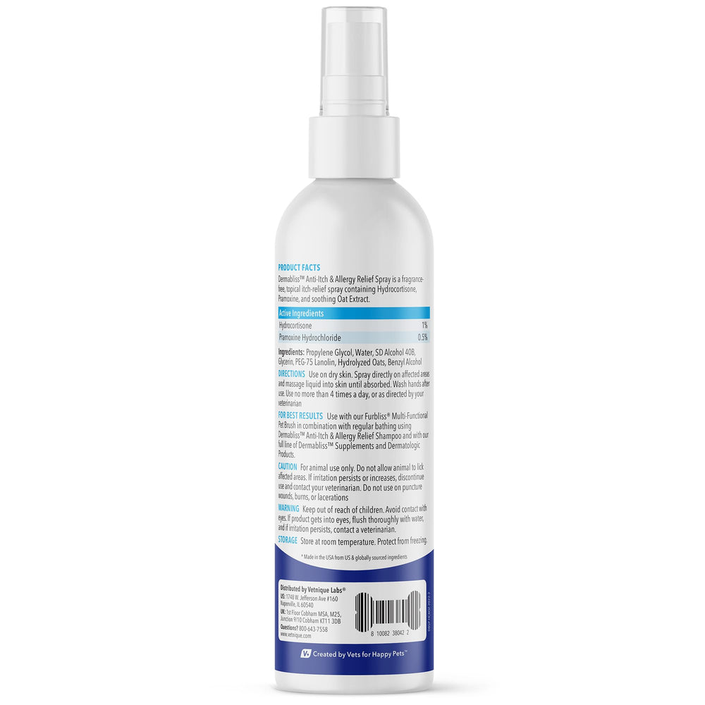 Vetnique Dermabliss fragrance-free label emphasizes gentle itch relief for irritated skin