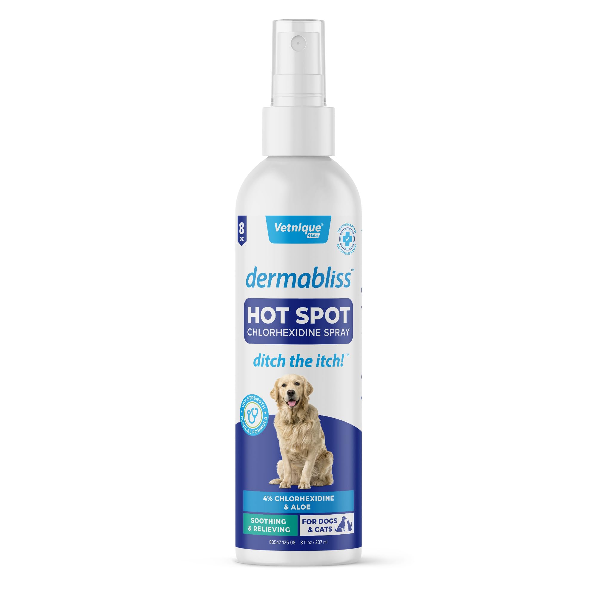 Vetnique Dermabliss hot spot spray bottle for dogs offers antiseptic skin care