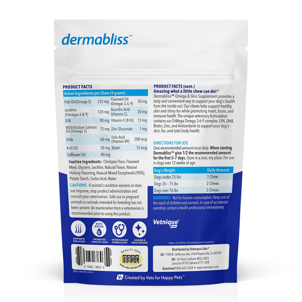 Closeup of Vetnique Dermabliss omega chews for coat health
