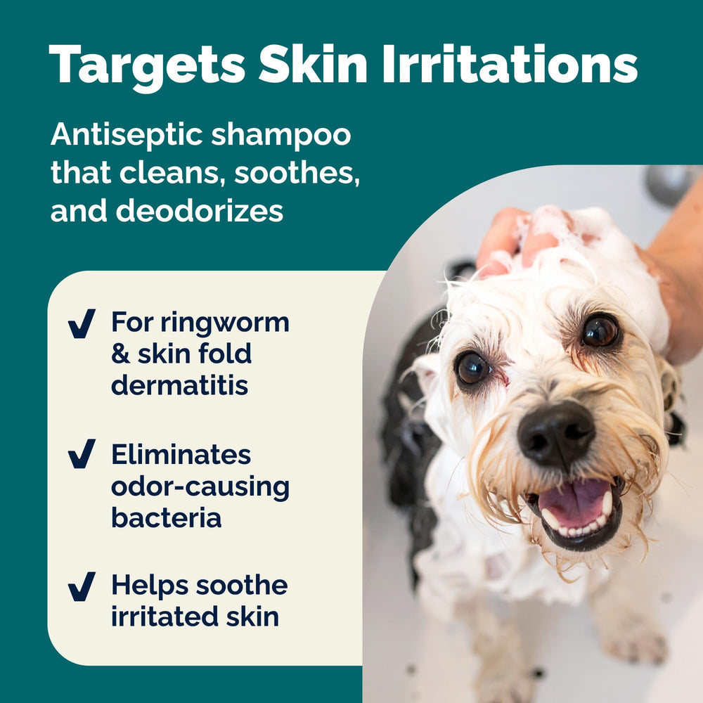 Vetnique Dermabliss shampoo bottle angled view signals easy, safe pet grooming at home.