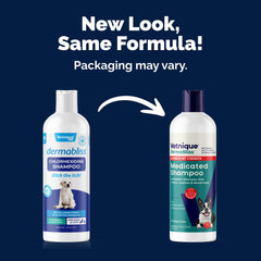 Vetnique Dermabliss shampoo label closeup highlights chlorhexidine and ketoconazole action.