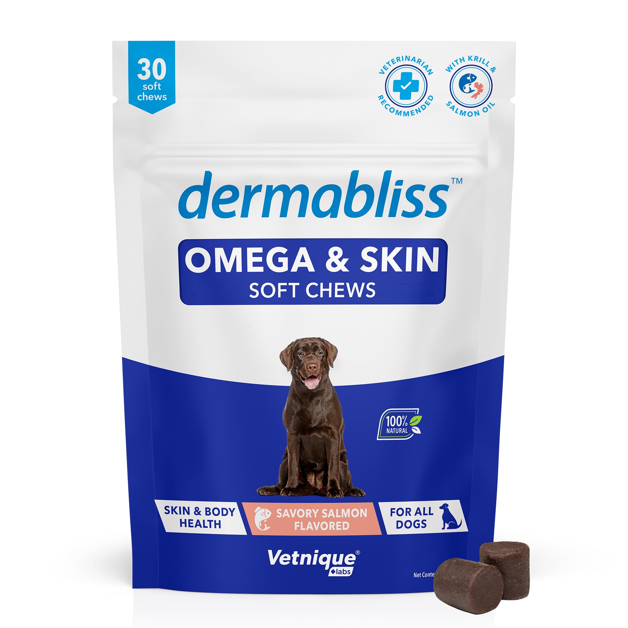 Vetnique Dermabliss soft chews bottle highlighting daily skin support for dogs