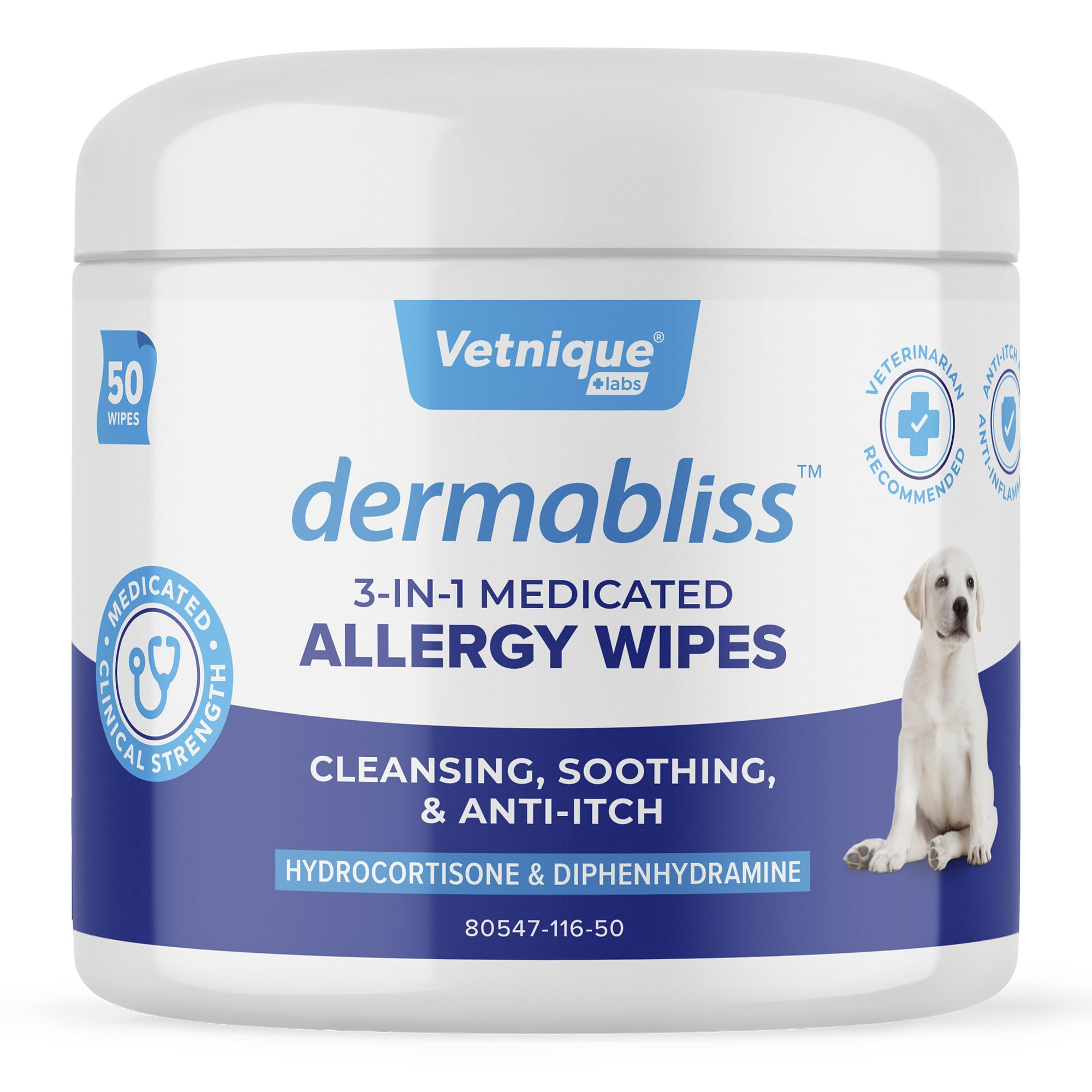 Vetnique Dermabliss wipes packaging closeup for itch relief