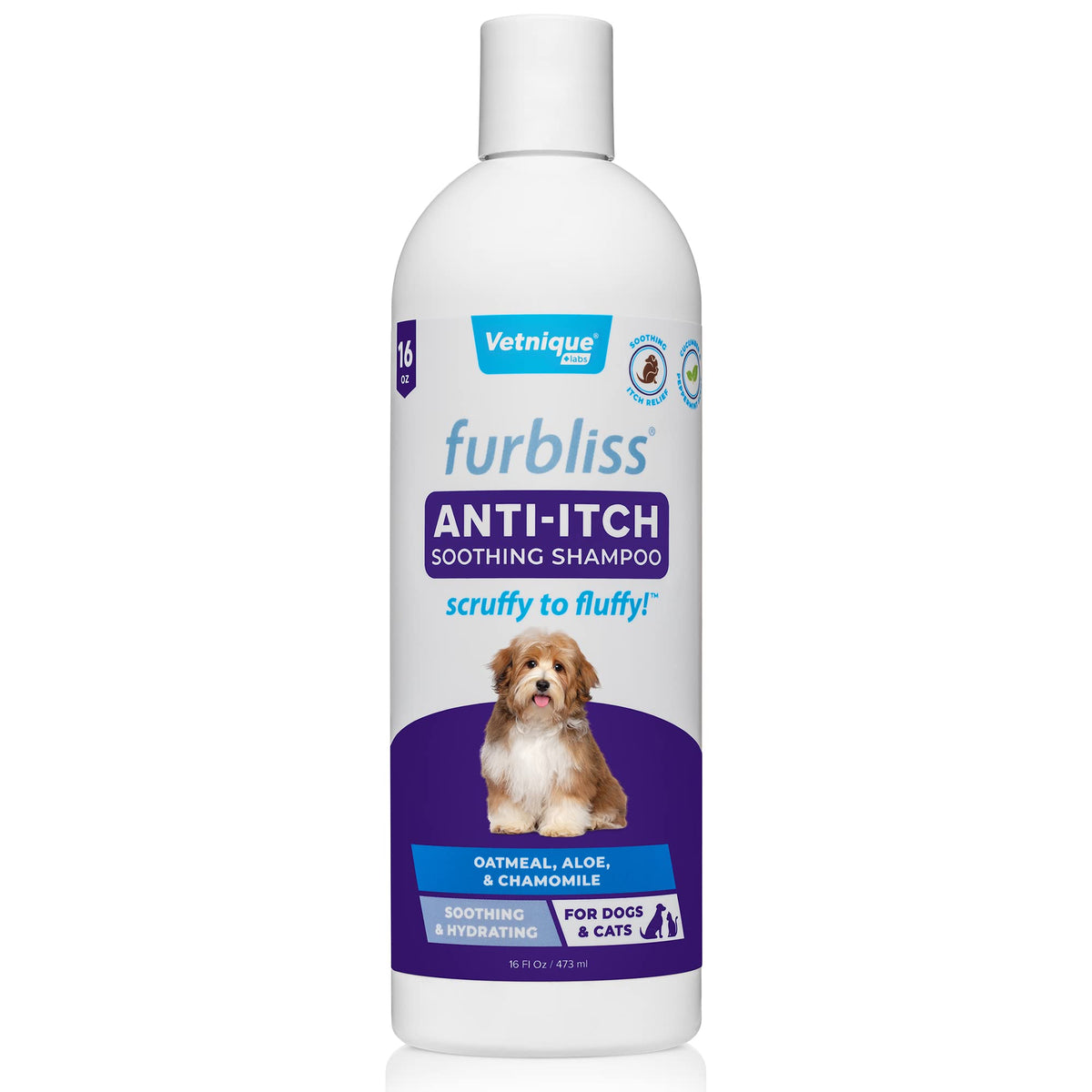 Vetnique Furbliss shampoo healthy-skin-fur: nourishes skin and softens fur for a clean, fluffy coat.