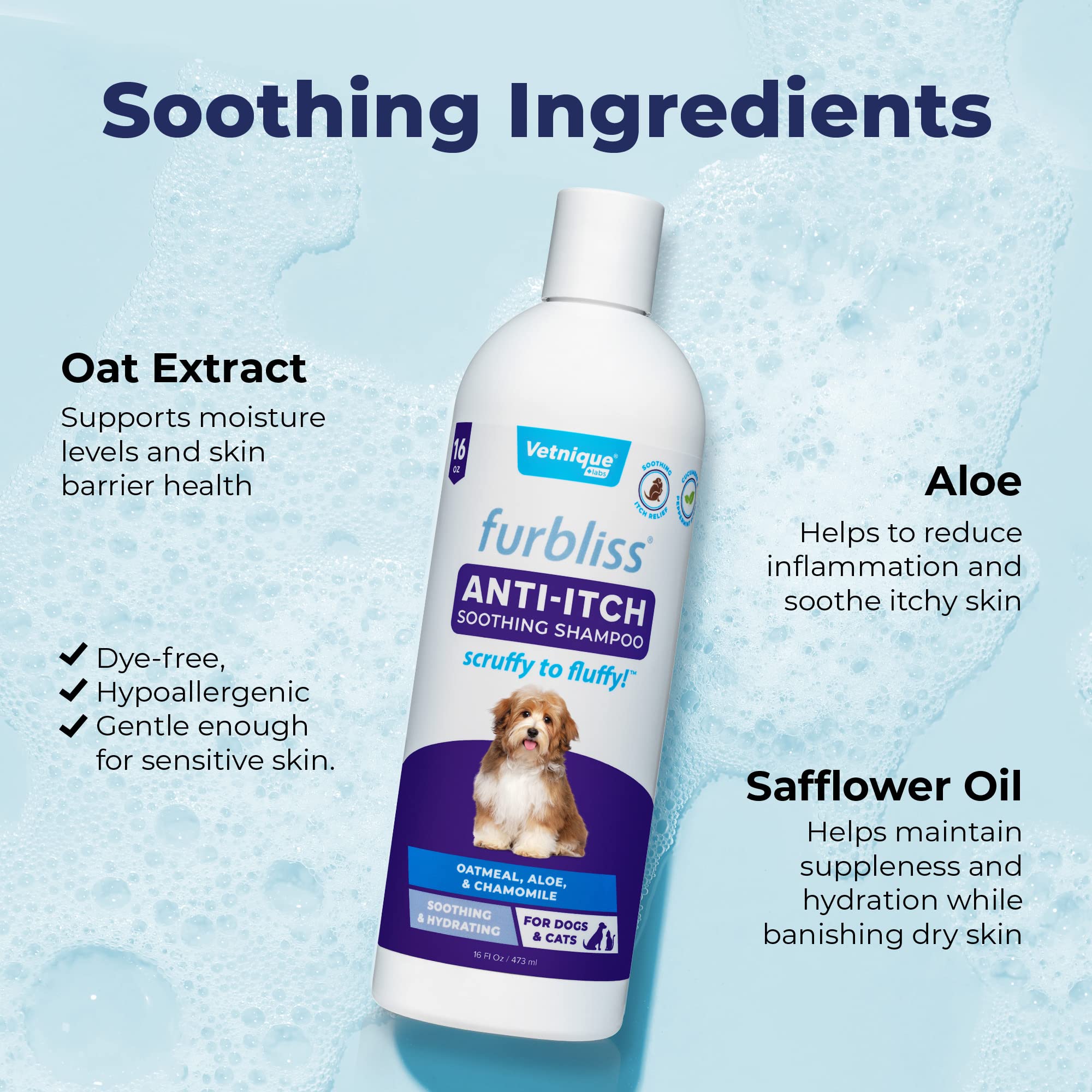 Vetnique Furbliss natural-itch-relief extracts soothe itchy skin without fragrance.