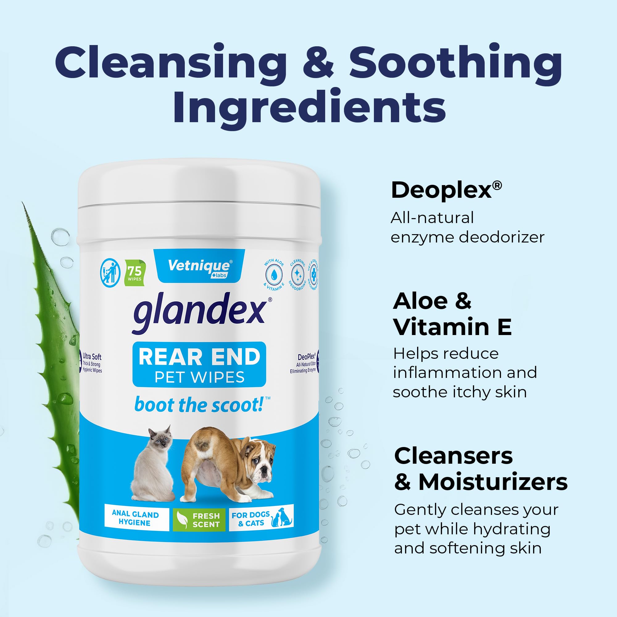 Acondicionadores para piel en toallitas Vetnique Glandex mejoran el tacto tras la limpieza.