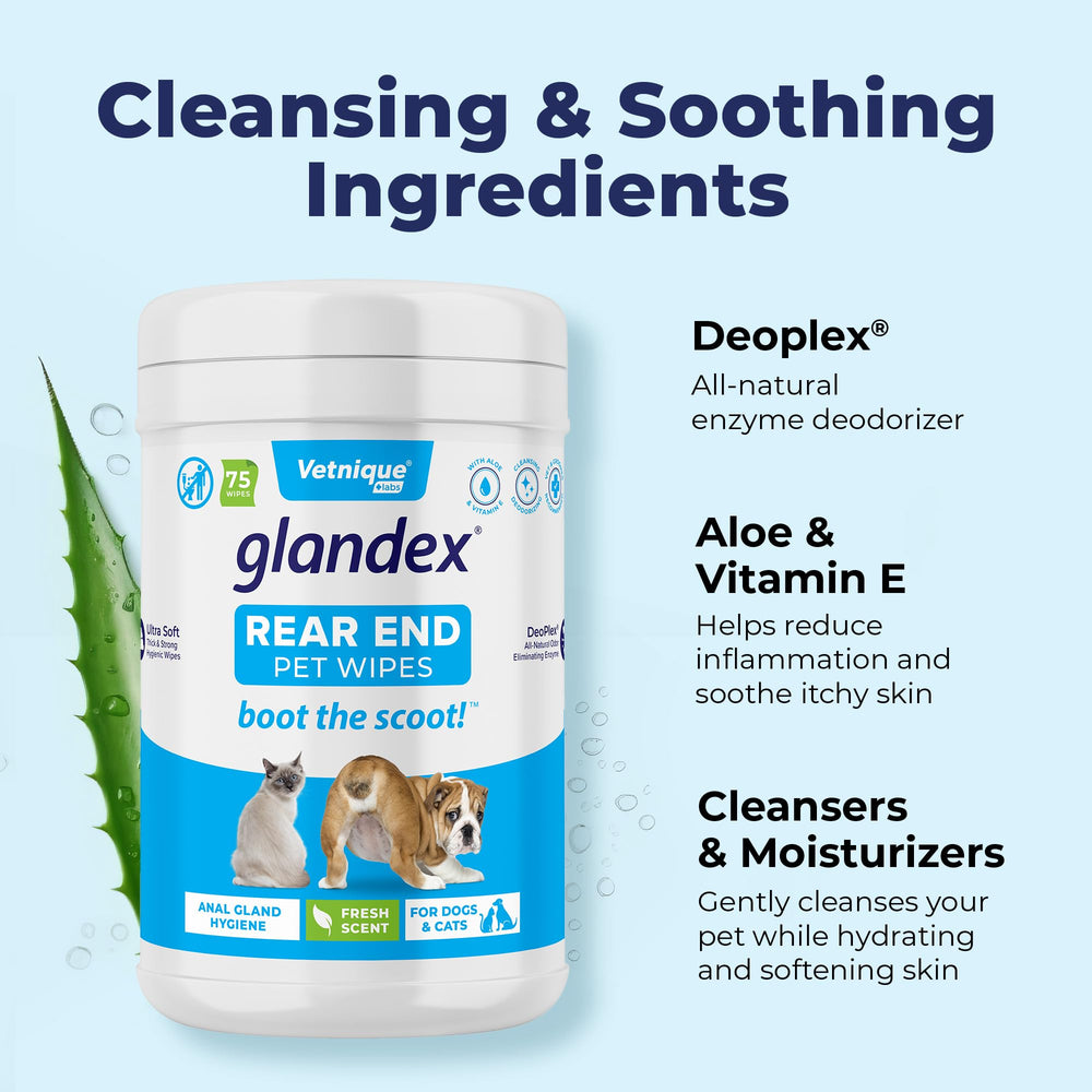 Acondicionadores para piel en toallitas Vetnique Glandex mejoran el tacto tras la limpieza.