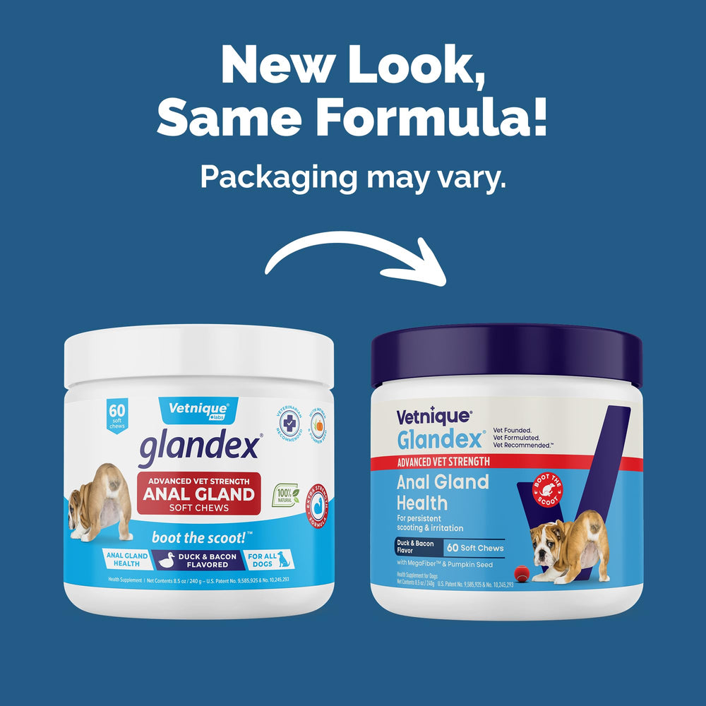 Vetnique Glandex advanced-strength soft chews bag-front shows vet-strength formula for anal gland care