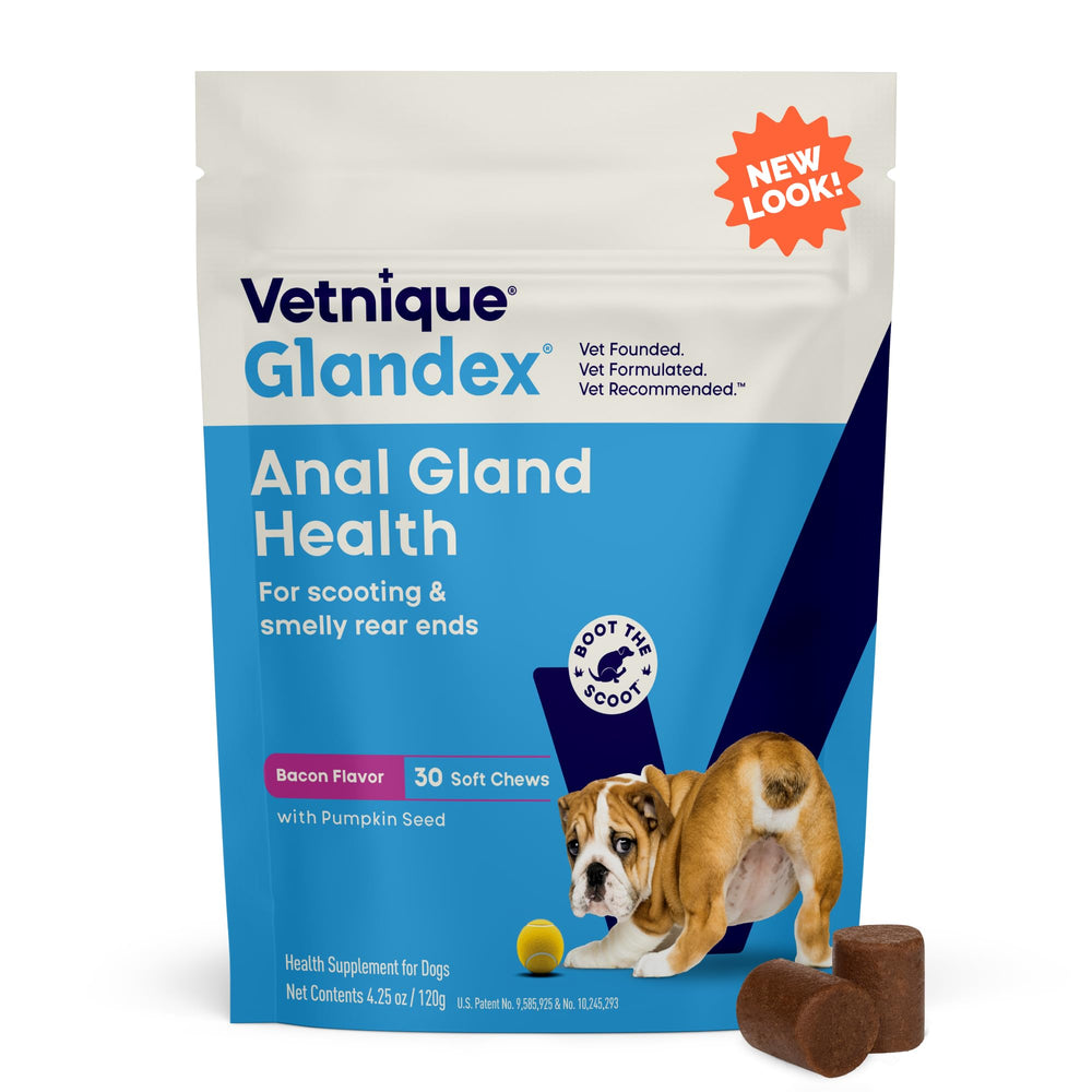 Vetnique Glandex bacon-flavor chews in bag promote anal gland support