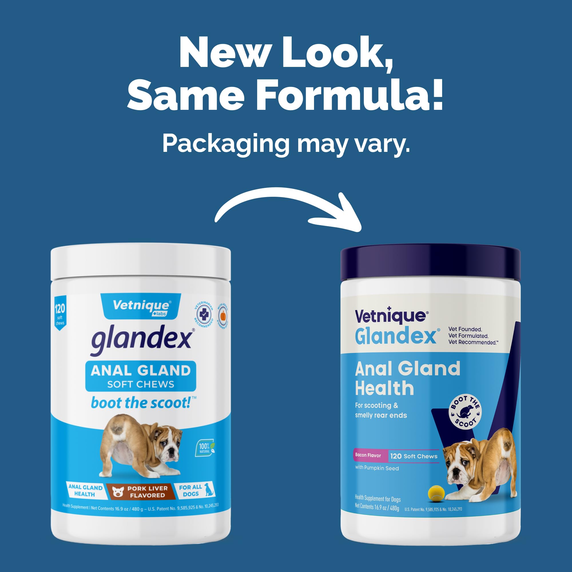 Vetnique Glandex bacon-flavor chews packaging—palatable daily anal gland support