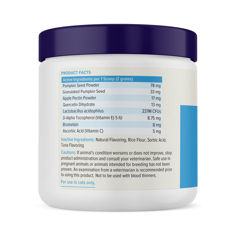 Vetnique Glandex cat digestive health powder shown with cat bowl for daily use