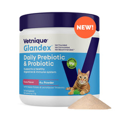 Vetnique Glandex cat powder tuna bowl supports digestion and anal glands.