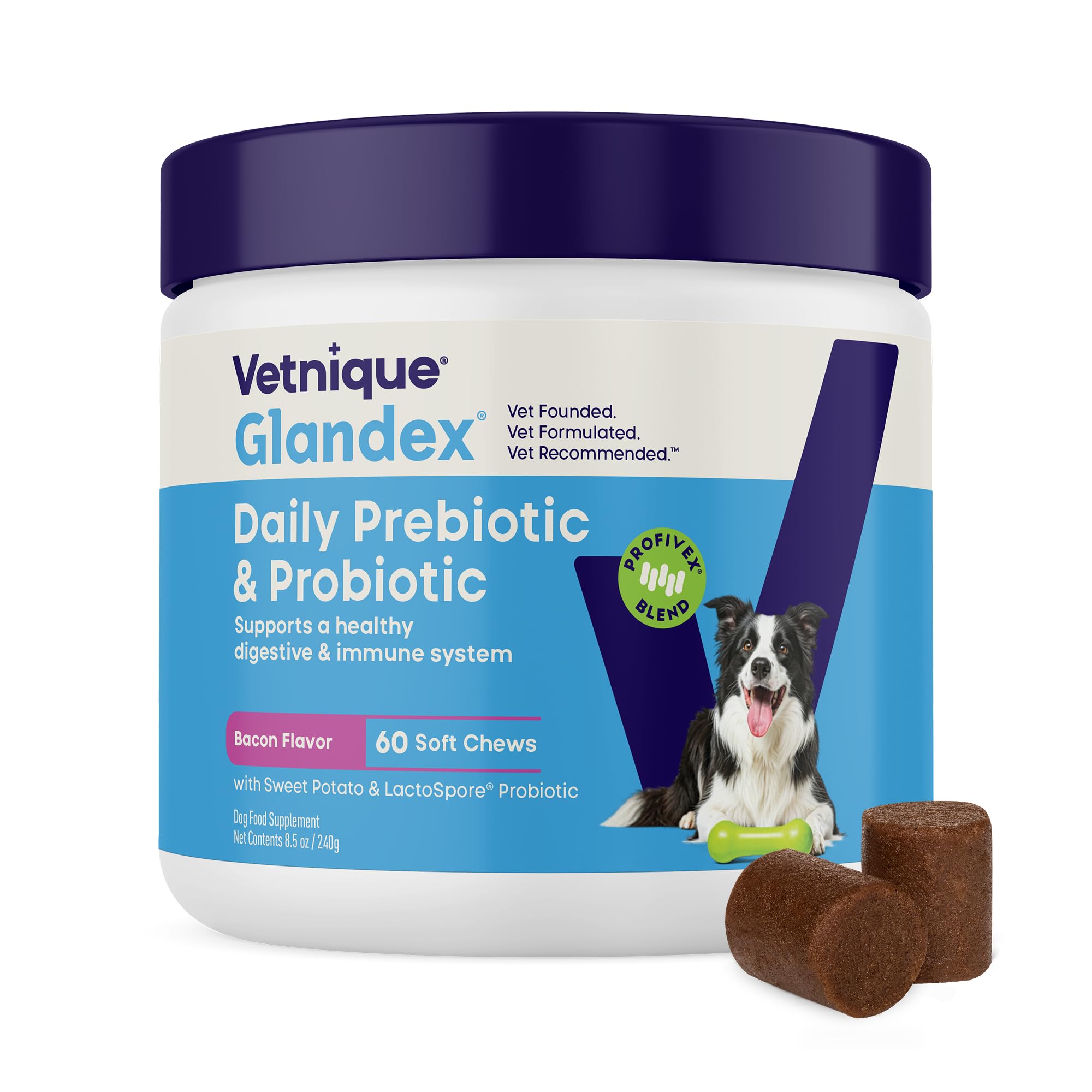 Vetnique Glandex bacon-chews bottle front supports gut health.