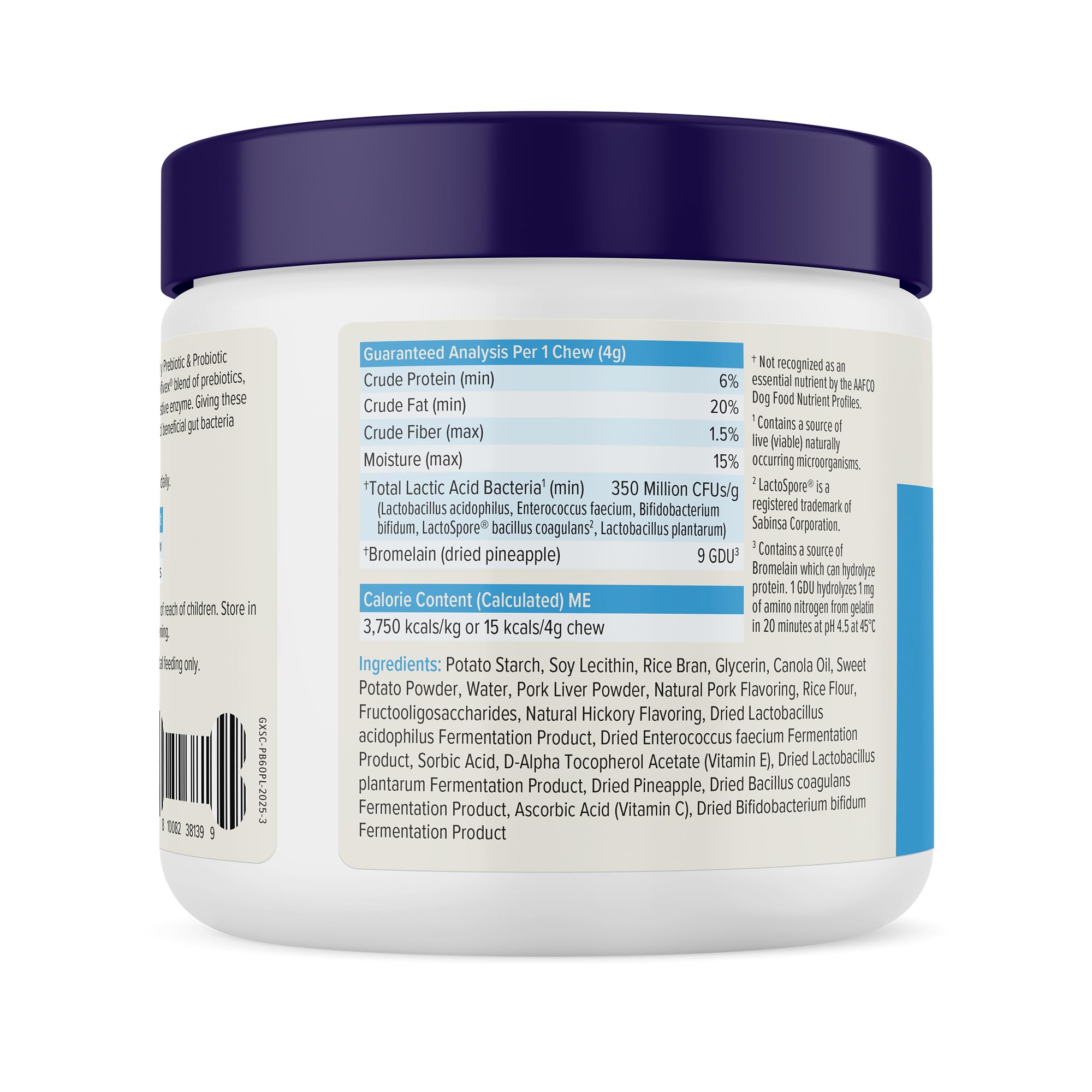 Close-up of Glandex daily probiotics chews with five strains.