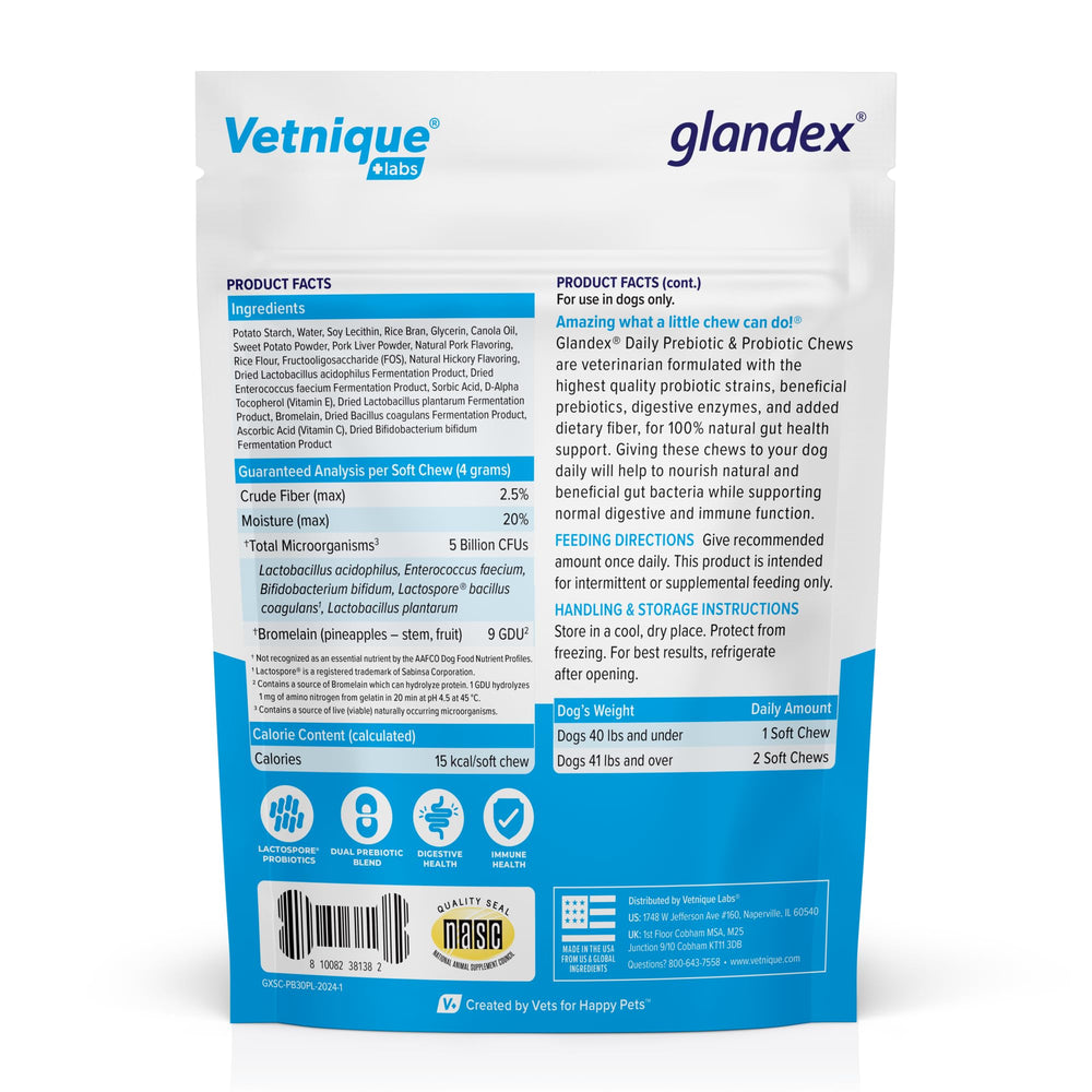 Vetnique Glandex daily-probiotics bacon chews closeup emphasizes palatable daily digestion support