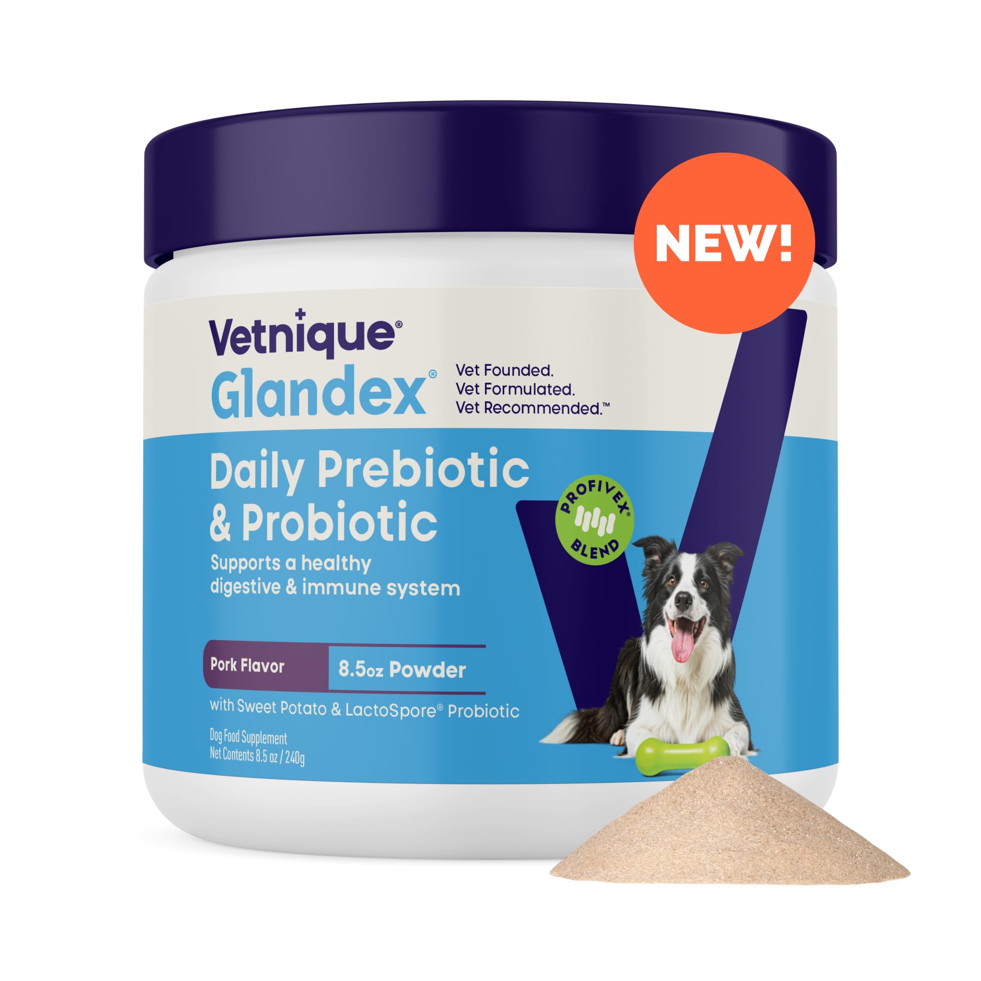Vetnique Glandex pork powder bottle showcases daily probiotics for dogs for gut balance.