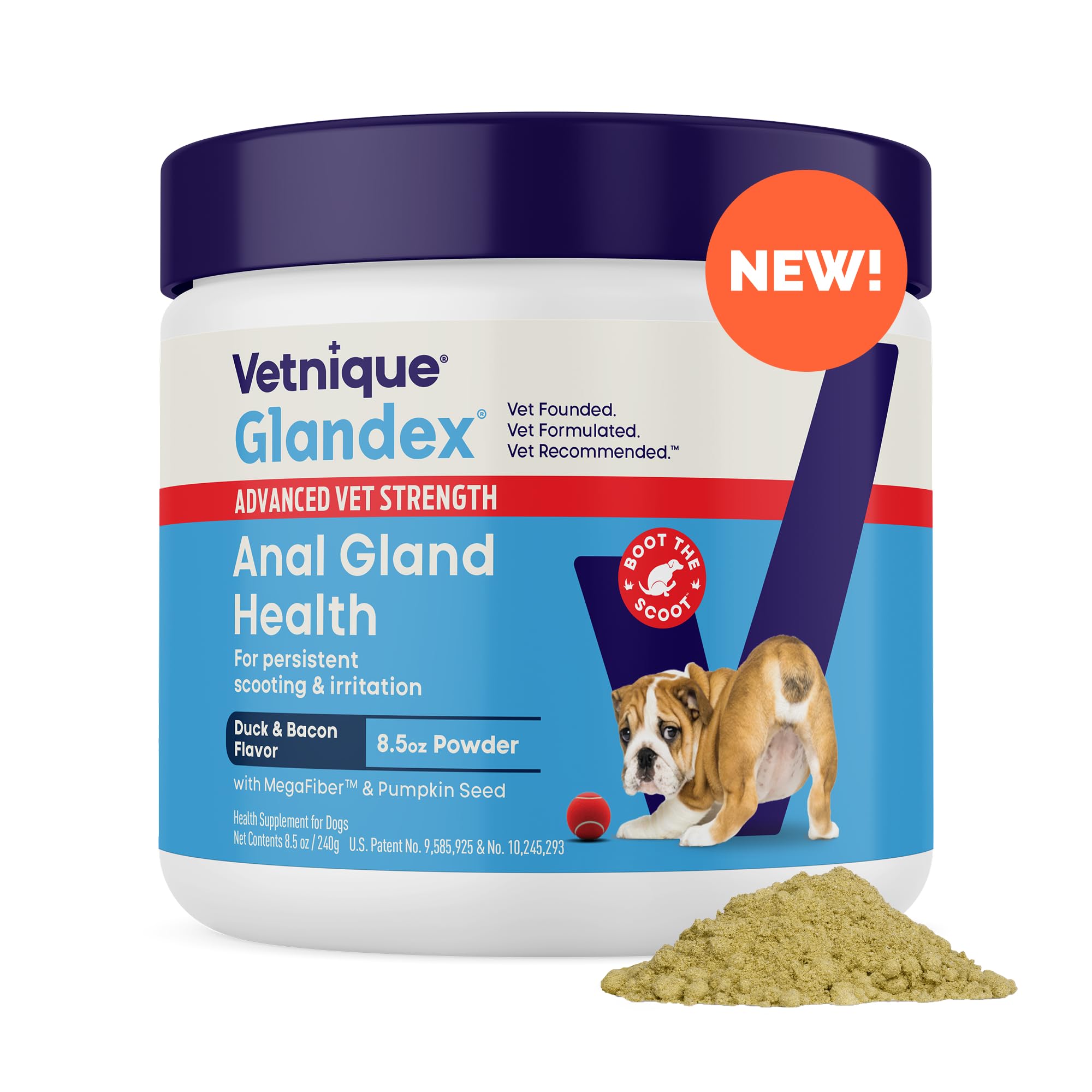 Vetnique Glandex dog fiber powder tub highlights natural ingredients for anal gland support.