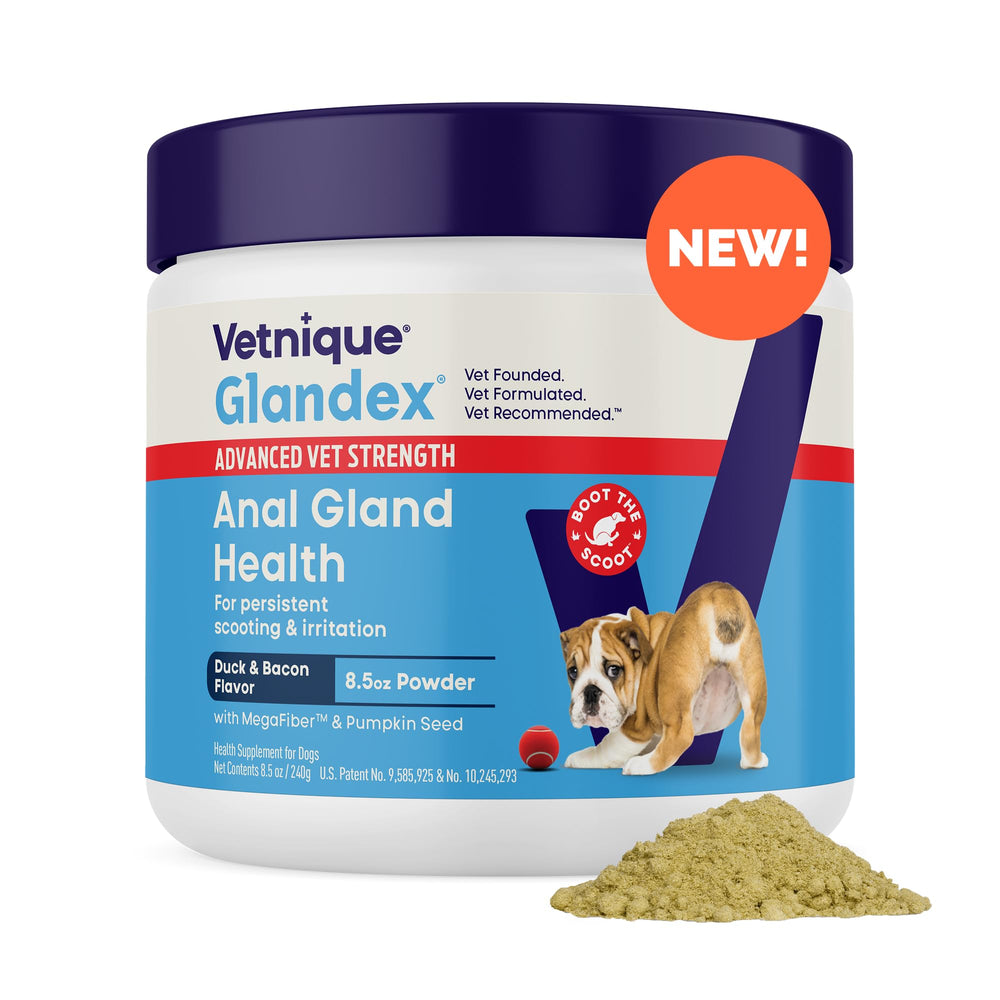 Vetnique Glandex dog fiber powder tub highlights natural ingredients for anal gland support.