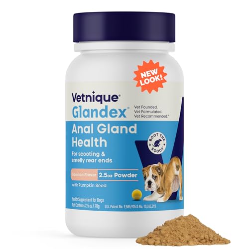 Vetnique Glandex dog fiber powder scoop for easy daily dosing supporting gut health.