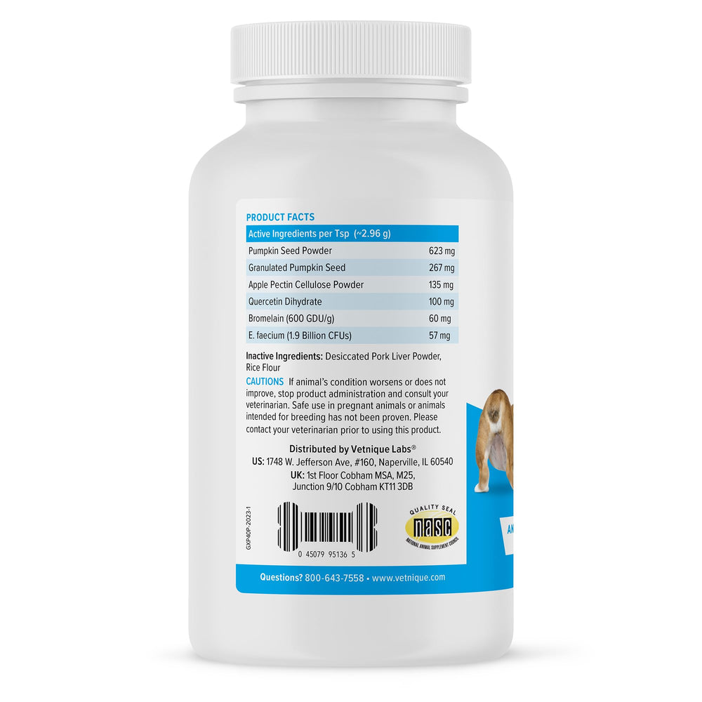 Glandex dog fiber supplement bowl shows powder mixed into meals for gut balance.