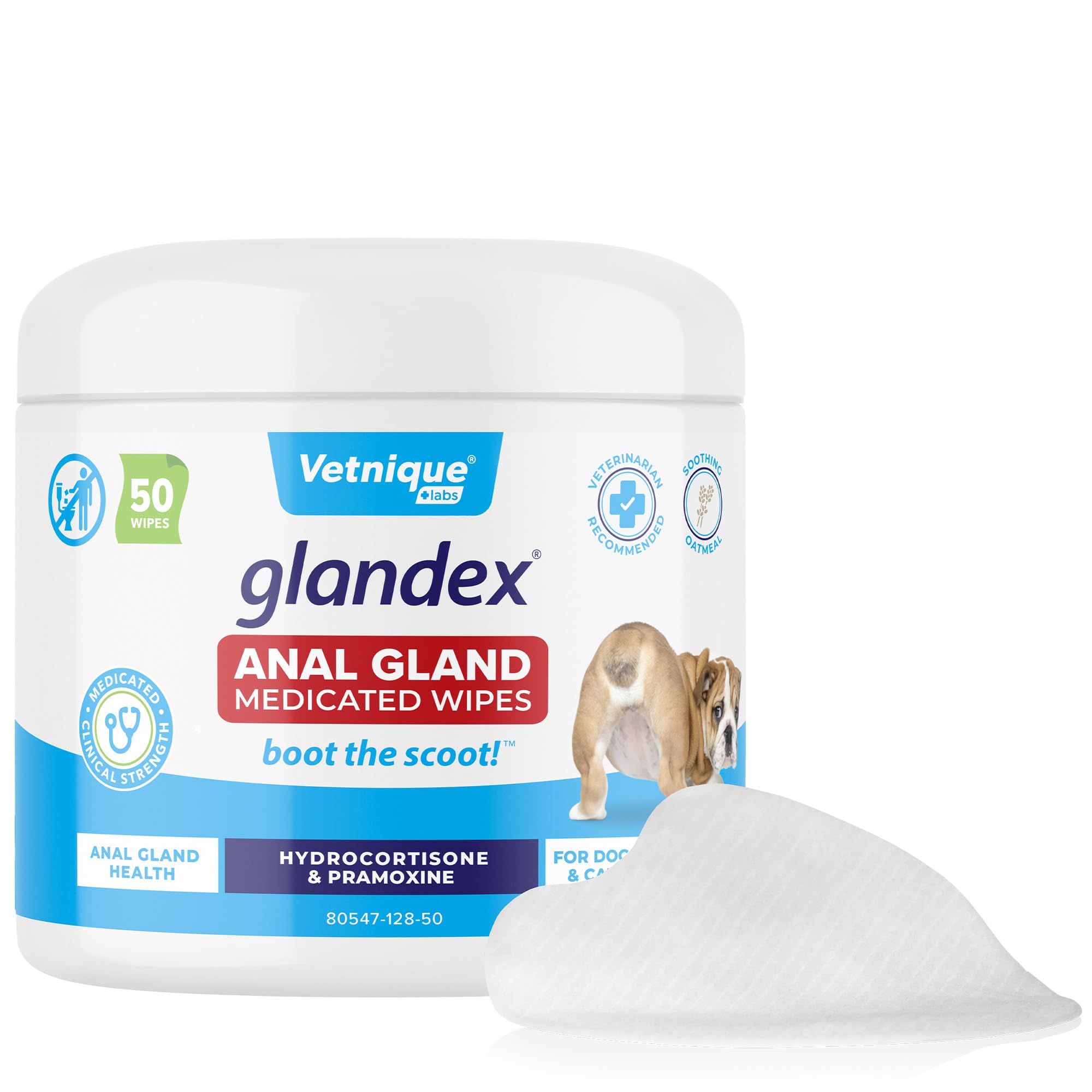Vetnique Glandex medicated wipes 50ct package for easy anal gland relief in dogs.