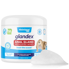 Vetnique Glandex medicated wipes 50ct package for easy anal gland relief in dogs.