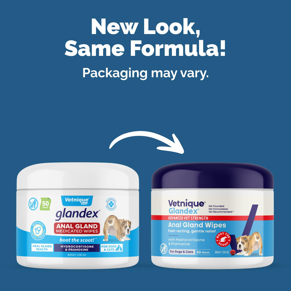 Vetnique Glandex medicated wipes on application pad demonstrating soothing anal irritation in dogs.