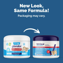 Vetnique Glandex medicated wipes on application pad demonstrating soothing anal irritation in dogs.