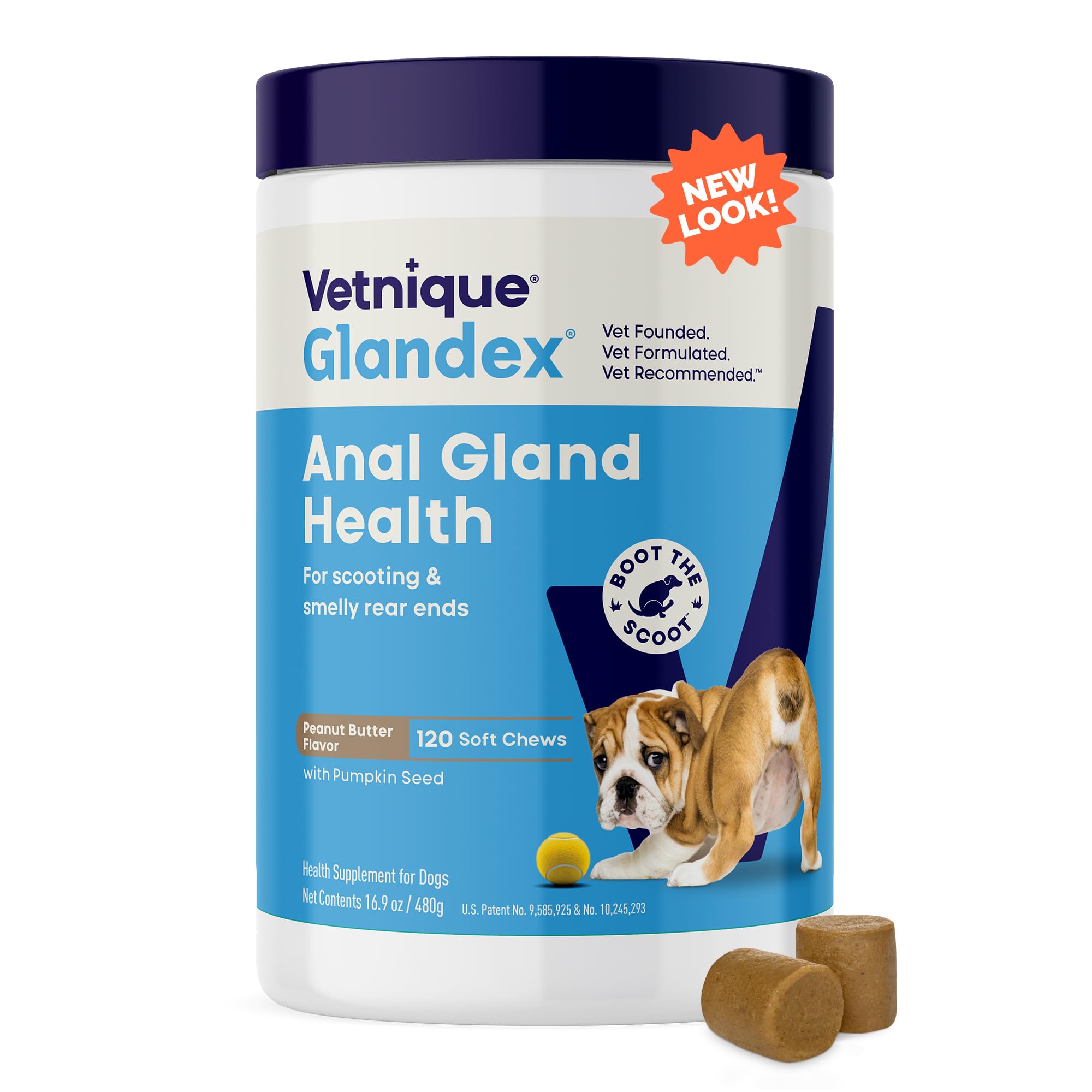 Vetnique Glandex packaging featuring pumpkin-treats for digestive balance.