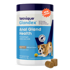 Vetnique Glandex packaging featuring pumpkin-treats for digestive balance.