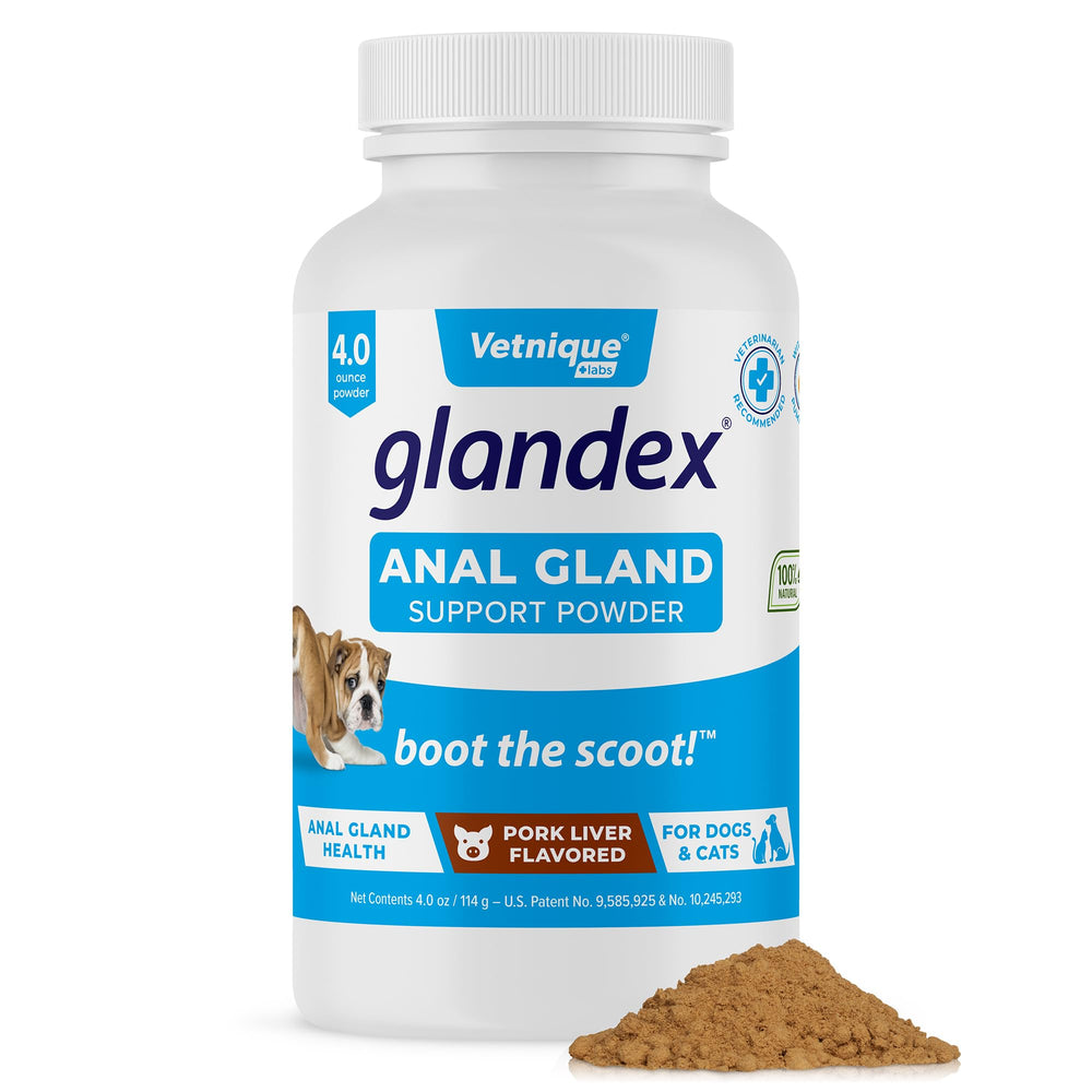 Vetnique Glandex pork-liver powder bottle supports digestive balance and anal health.