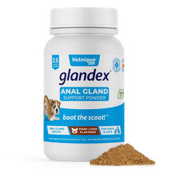 Vetnique Glandex pork liver powder bottle demonstrates easy daily dosing for supporting anal gland health