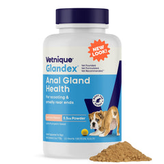 Vetnique Glandex salmon powder bottle helps support anal glands in dogs