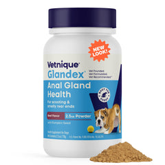 Vetnique Glandex powder-tub shows beef liver flavor and fiber blend for digestive comfort.
