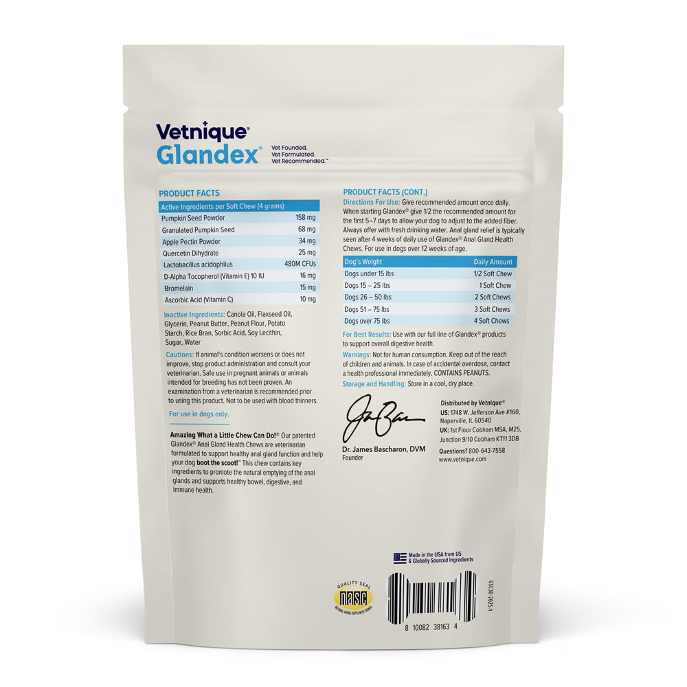 Vetnique Glandex pumpkin seed image suggests natural fiber for digestion.