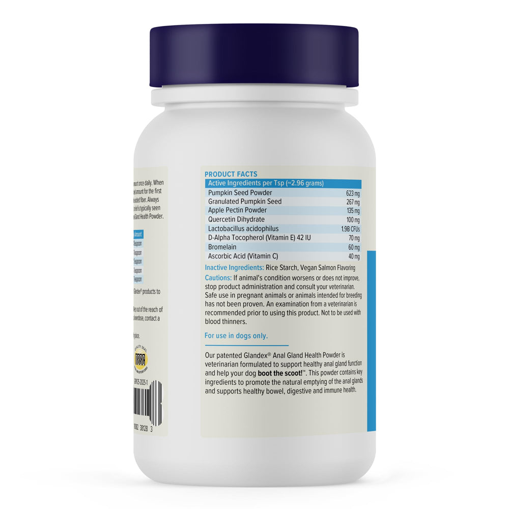Vetnique Glandex salmon-flavor powder beside dog bowl for tasty daily fiber.