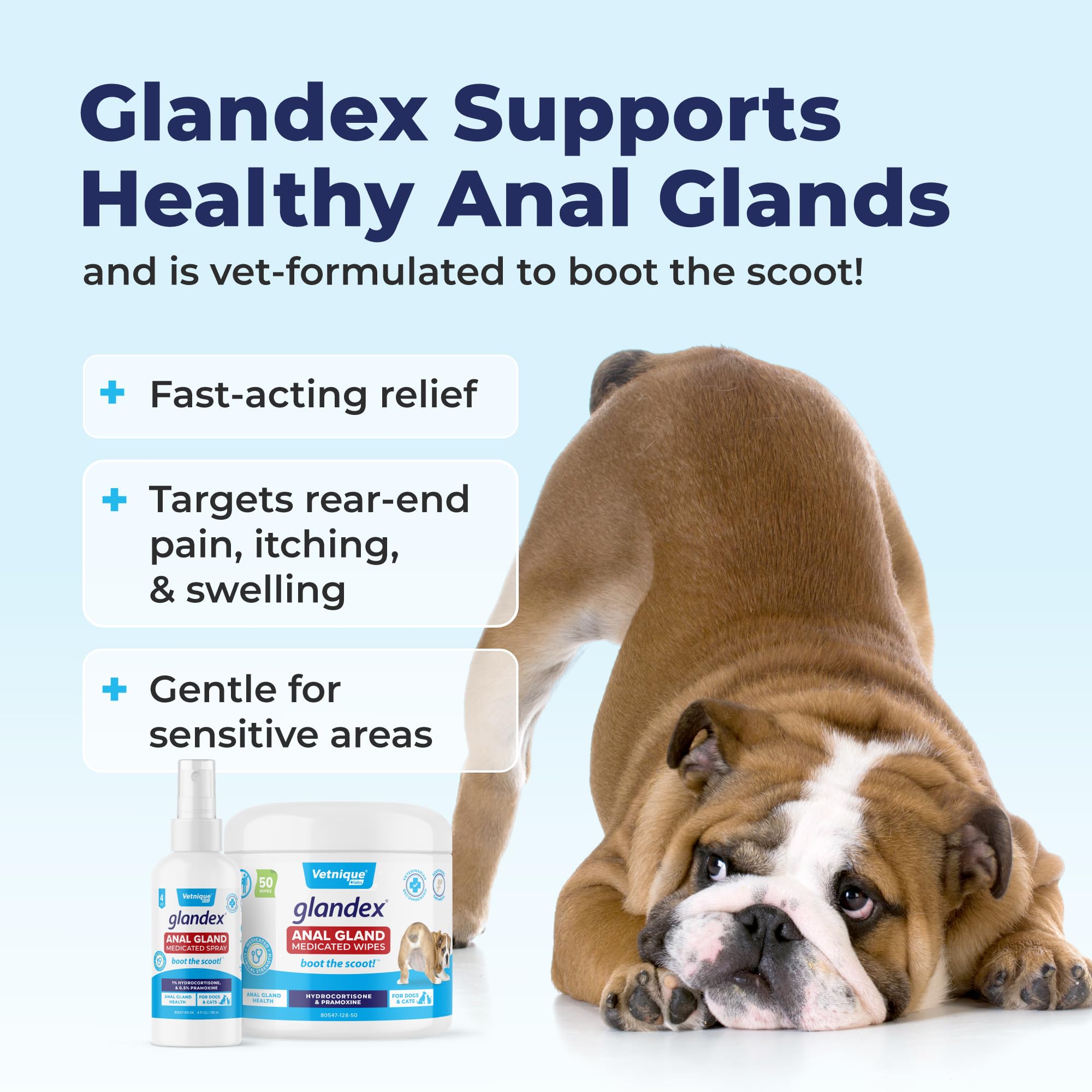 Vetnique Glandex formula with hydrocortisone and pramoxine provides topical relief.