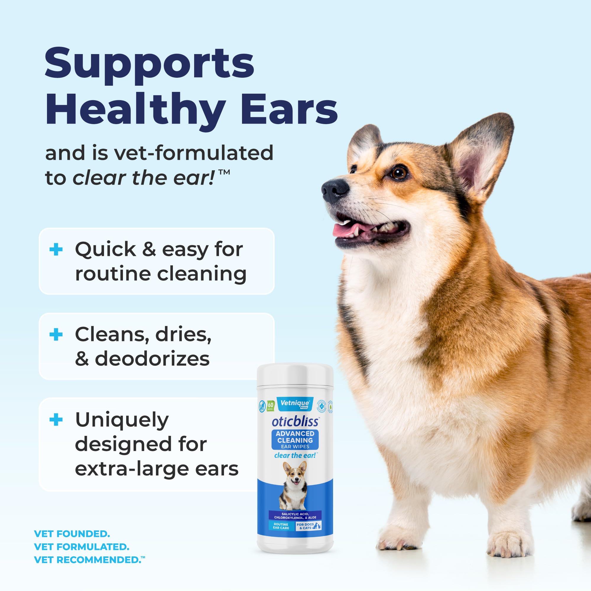 Vetnique Oticbliss aloe vera and salicylic acid ingredients emphasize comfort and odor management.