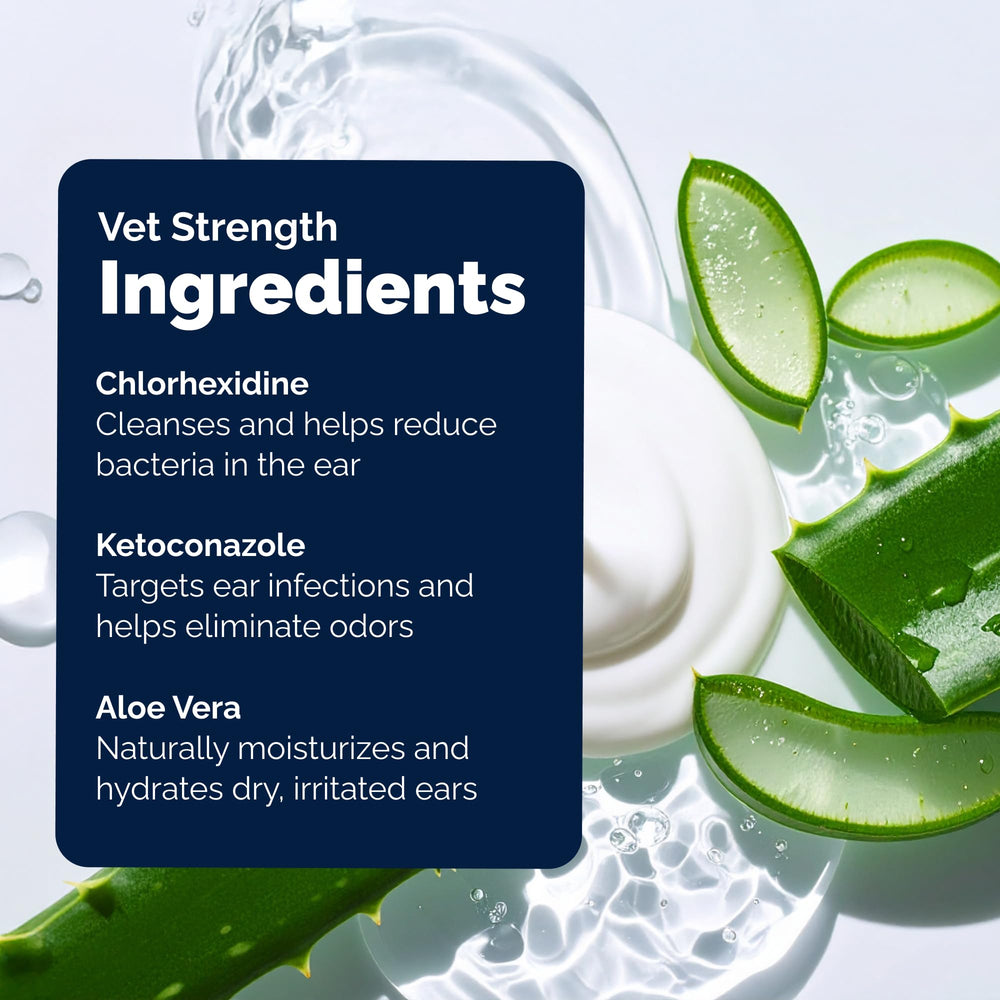 Vetnique Oticbliss aloe vera soothing feature highlighted during ear care.