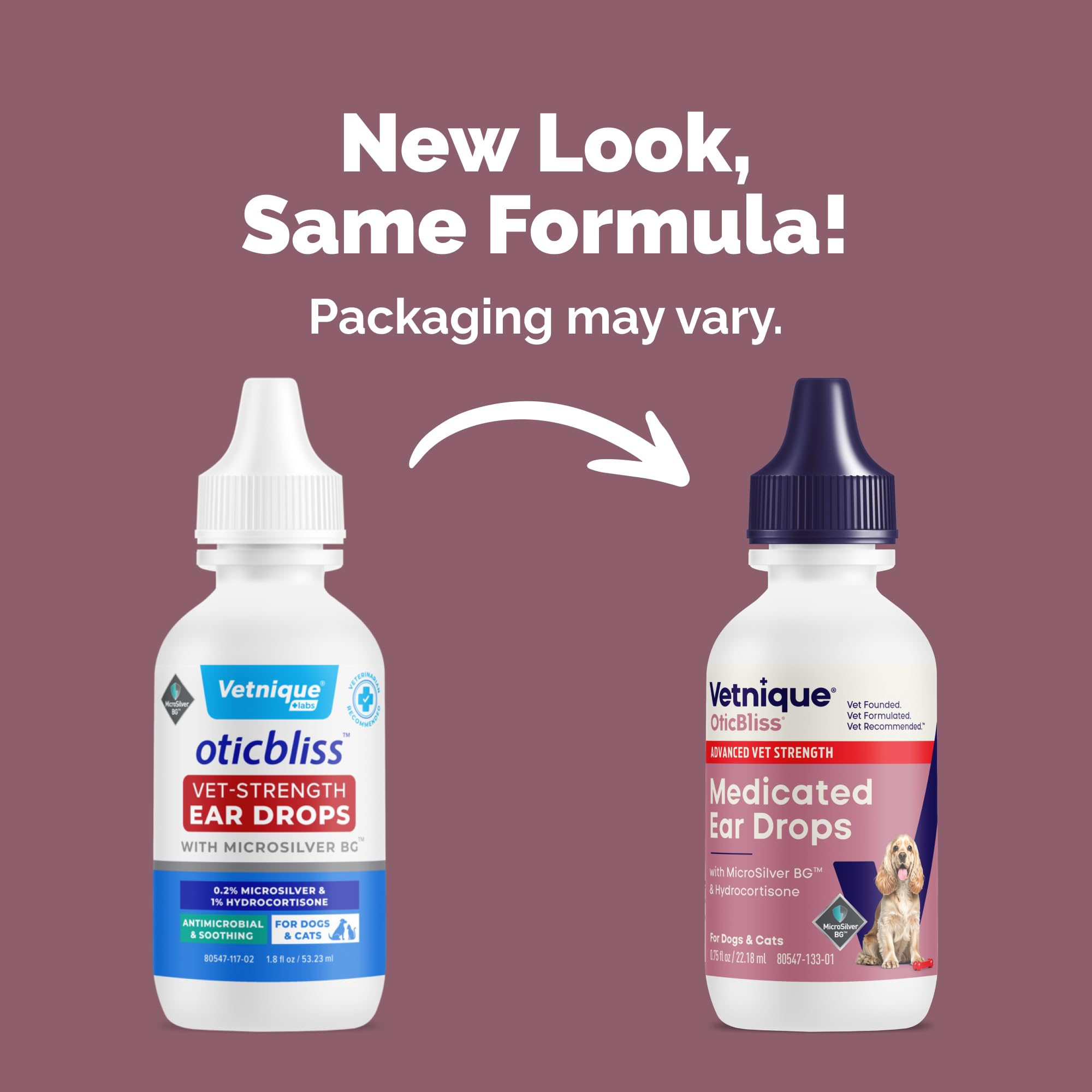 Vetnique Oticbliss bottle closeup highlights MicroSilver BG for antimicrobial action.