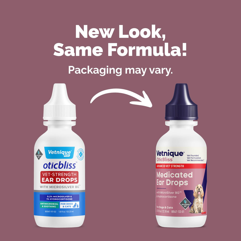 Vetnique Oticbliss bottle closeup highlights MicroSilver BG for antimicrobial action.