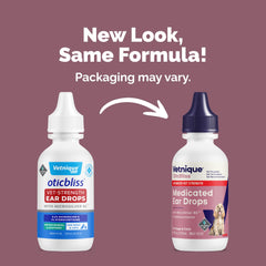 Vetnique Oticbliss bottle closeup highlights MicroSilver BG for antimicrobial action.