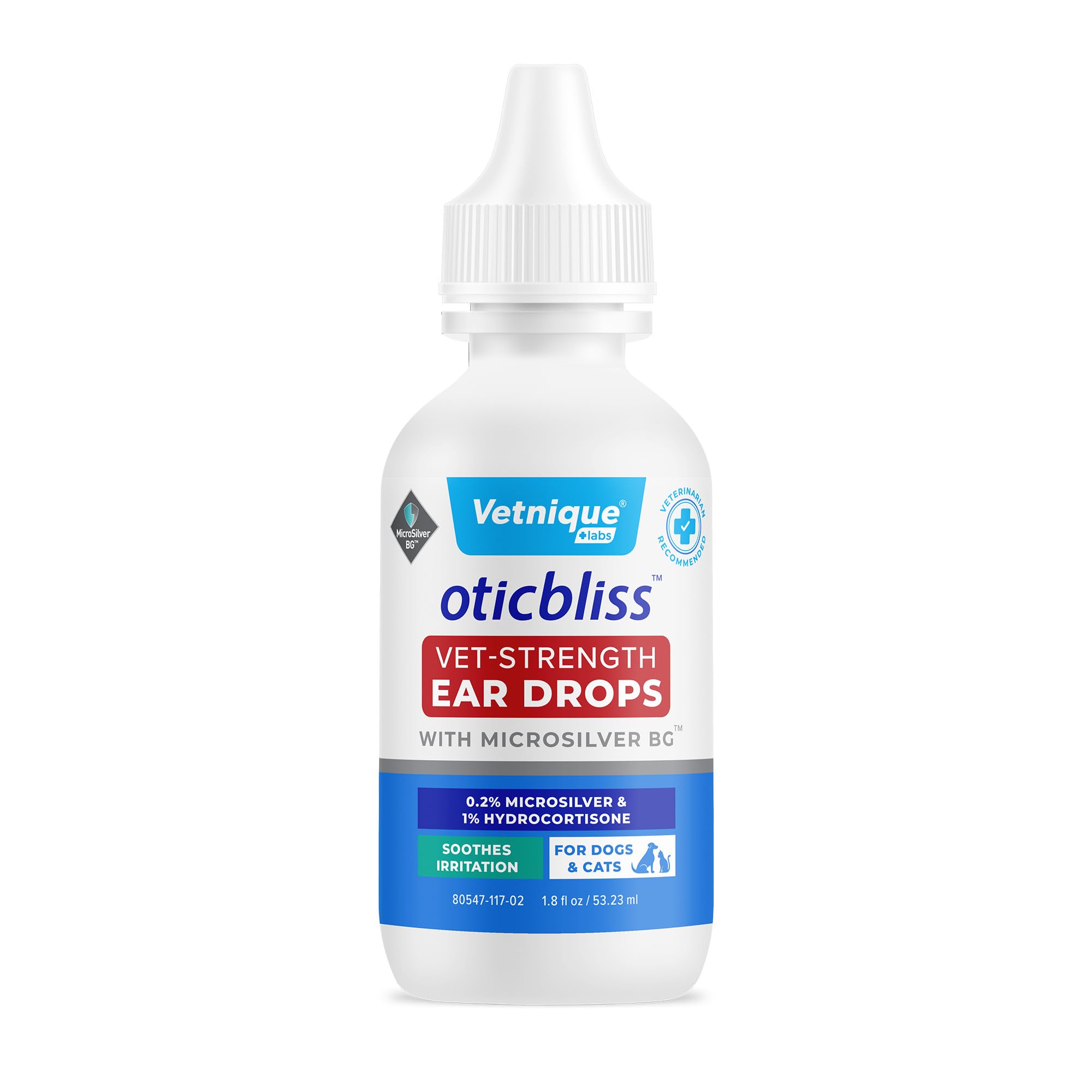 Vetnique Oticbliss ear drops bottle demonstrates medicated formula for itching relief and infection support.
