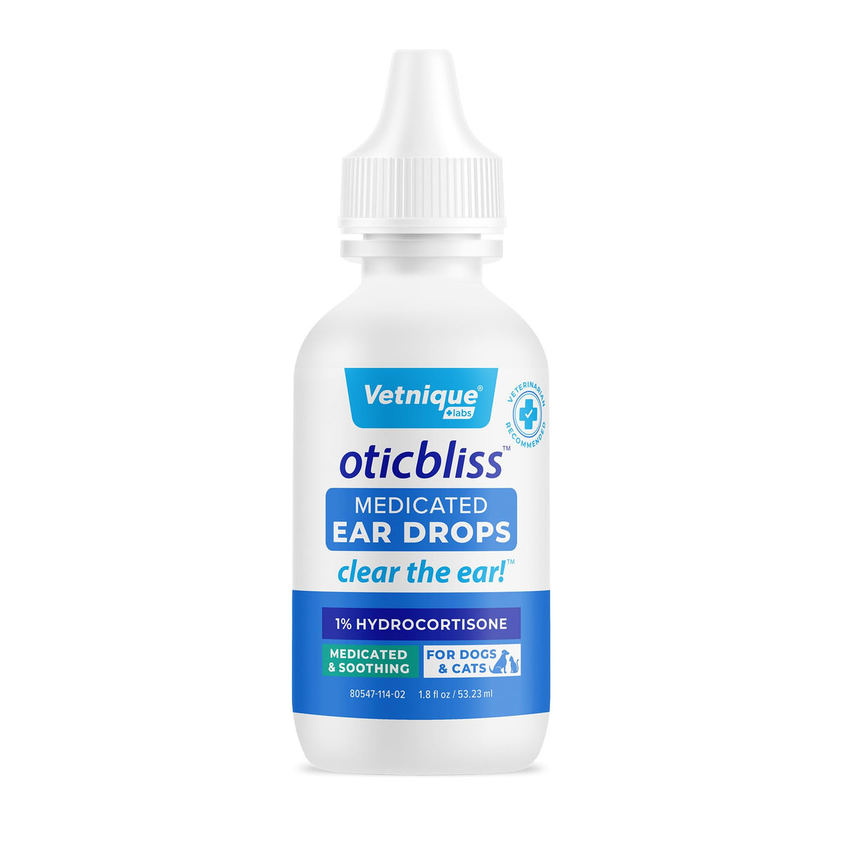 Vetnique Oticbliss ear drops bottle; helps soothe ear irritation and supports cleanliness.