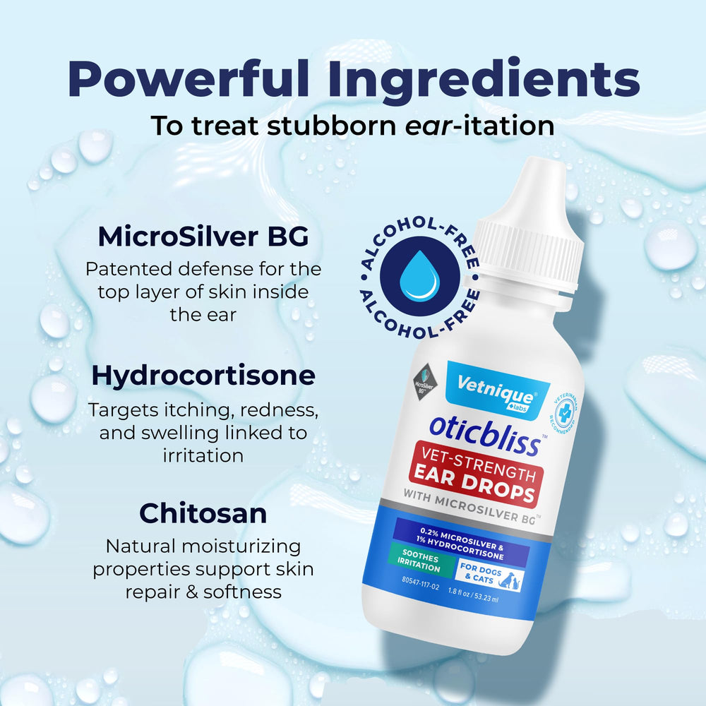 Vetnique Oticbliss hydrocortisone focus signals itch relief and inflammation targeting.