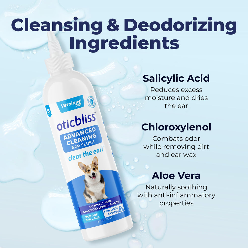 Vetnique Oticbliss ingredients panel featuring chloroxylenol for odor control