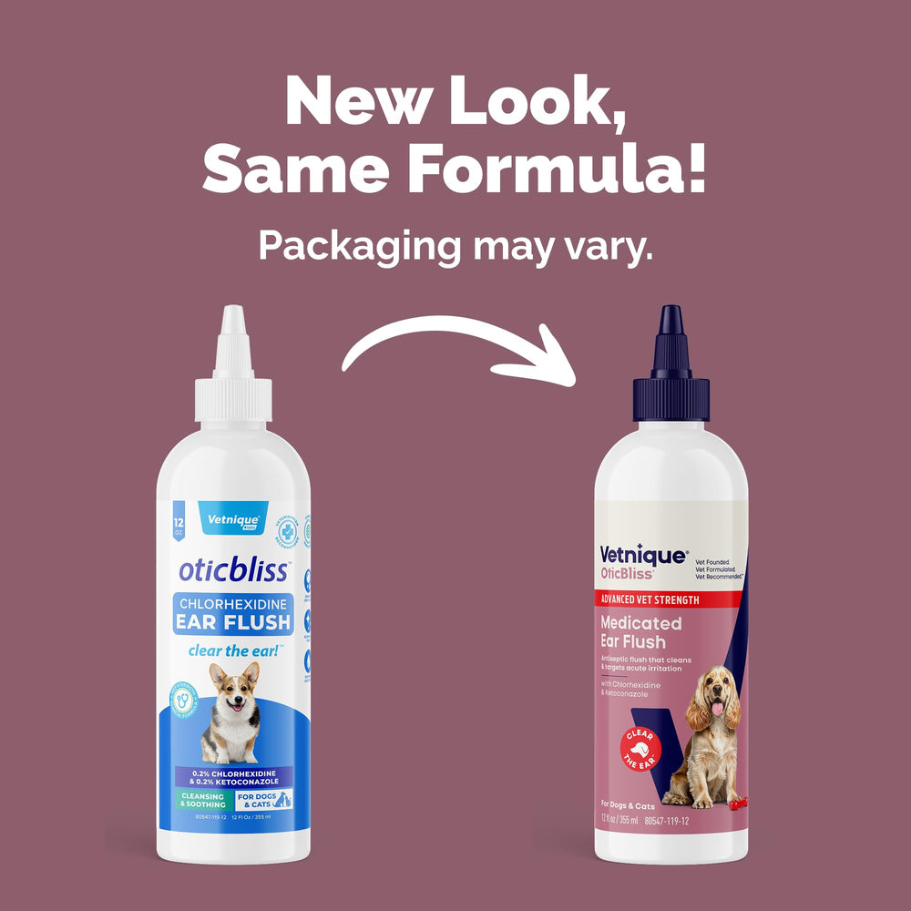 Vetnique Oticbliss ingredients label highlights dual active ingredients for targeted care.