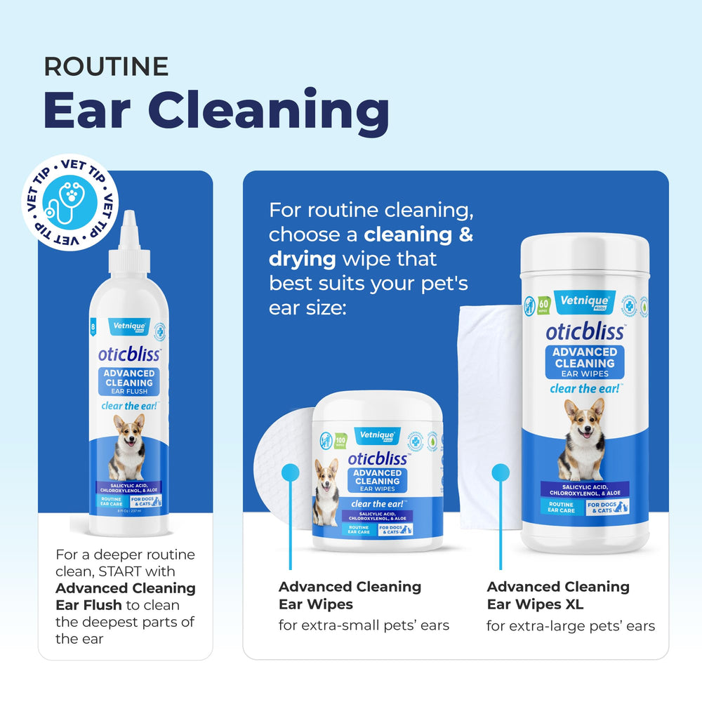 Vetnique Oticbliss branding suggests odor control and routine ear care benefits.