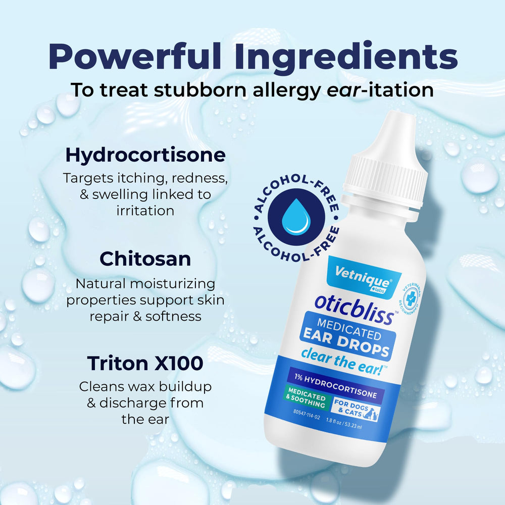 Vetnique Oticbliss wax clearance; helps clear wax buildup from the ear canal.