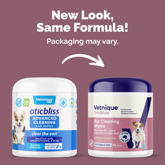 Vetnique Oticbliss wipes in hand during gentle ear cleaning.